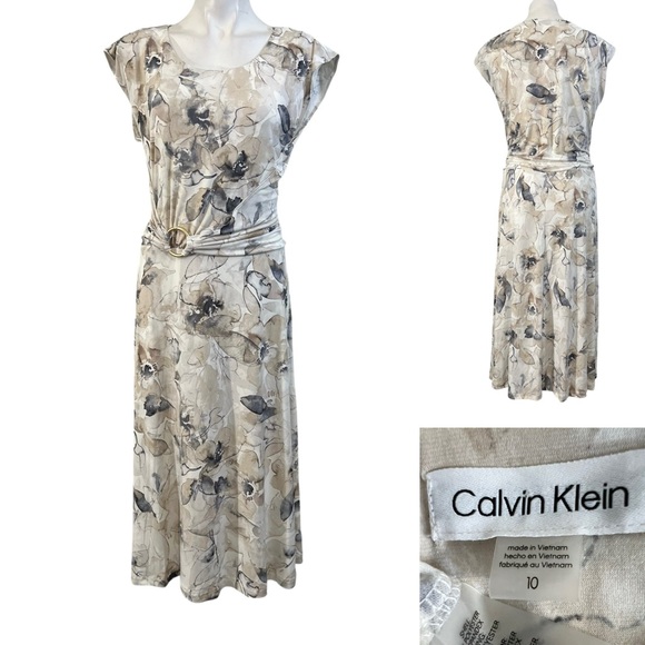 Calvin‎ Klein midi dress size 10 beige multicolor sleeveless office modest - Picture 1 of 6